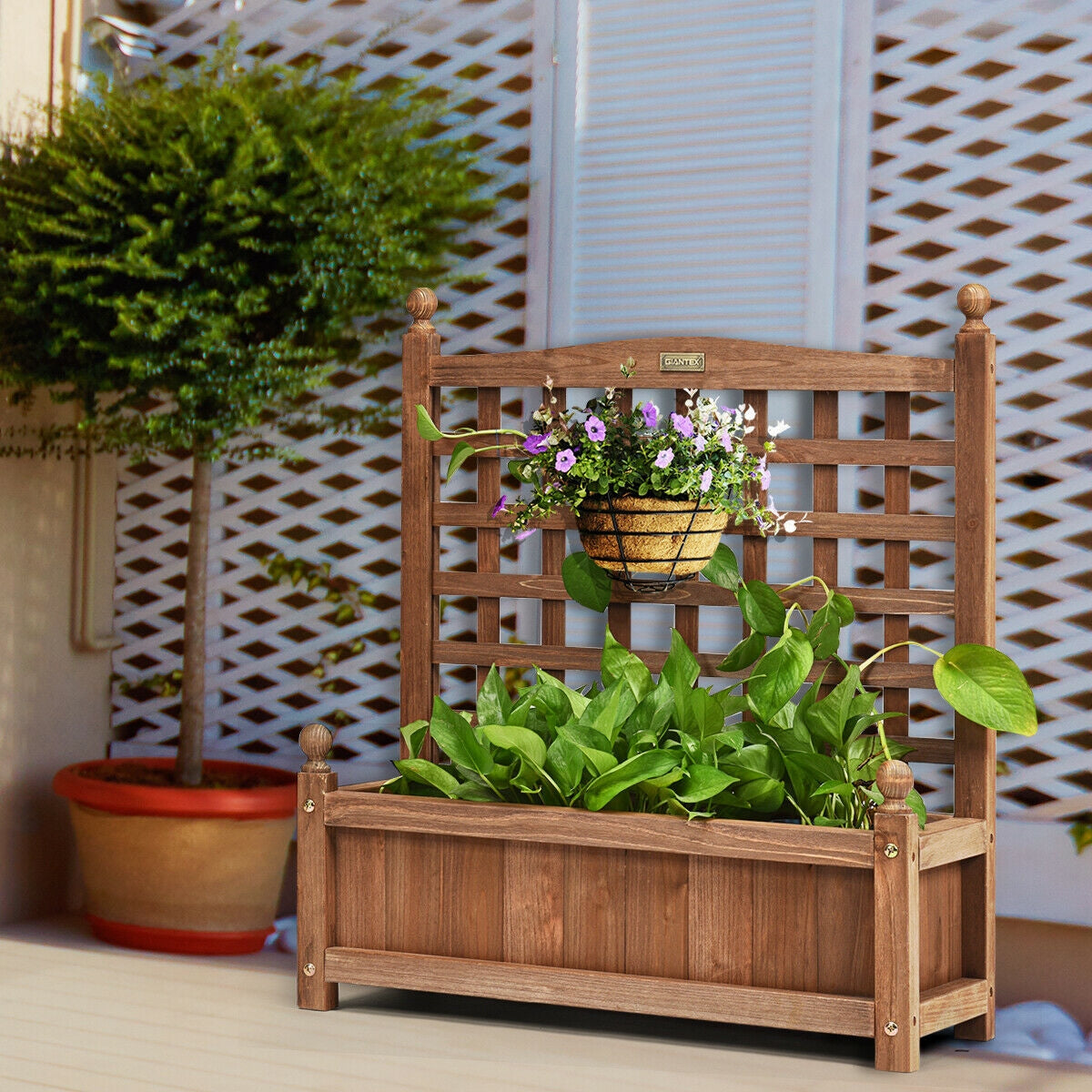Solid Wood Planter Box With Trellis, Weather-Resistant Outdoor, Brown Raised Garden Beds at Gallery Canada