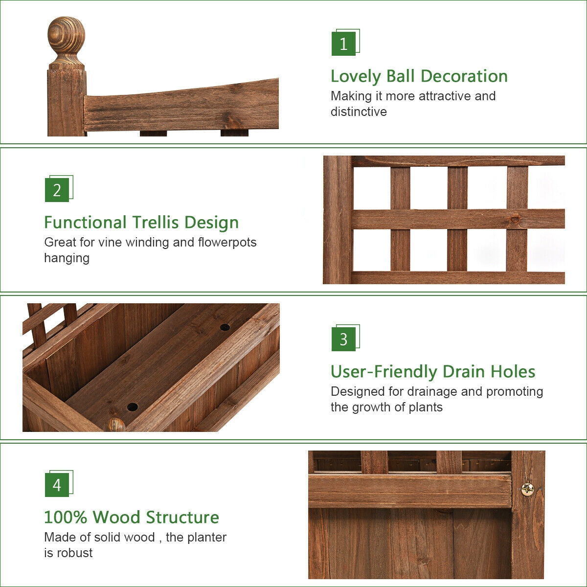 Solid Wood Planter Box With Trellis, Weather-Resistant Outdoor, Brown Raised Garden Beds at Gallery Canada