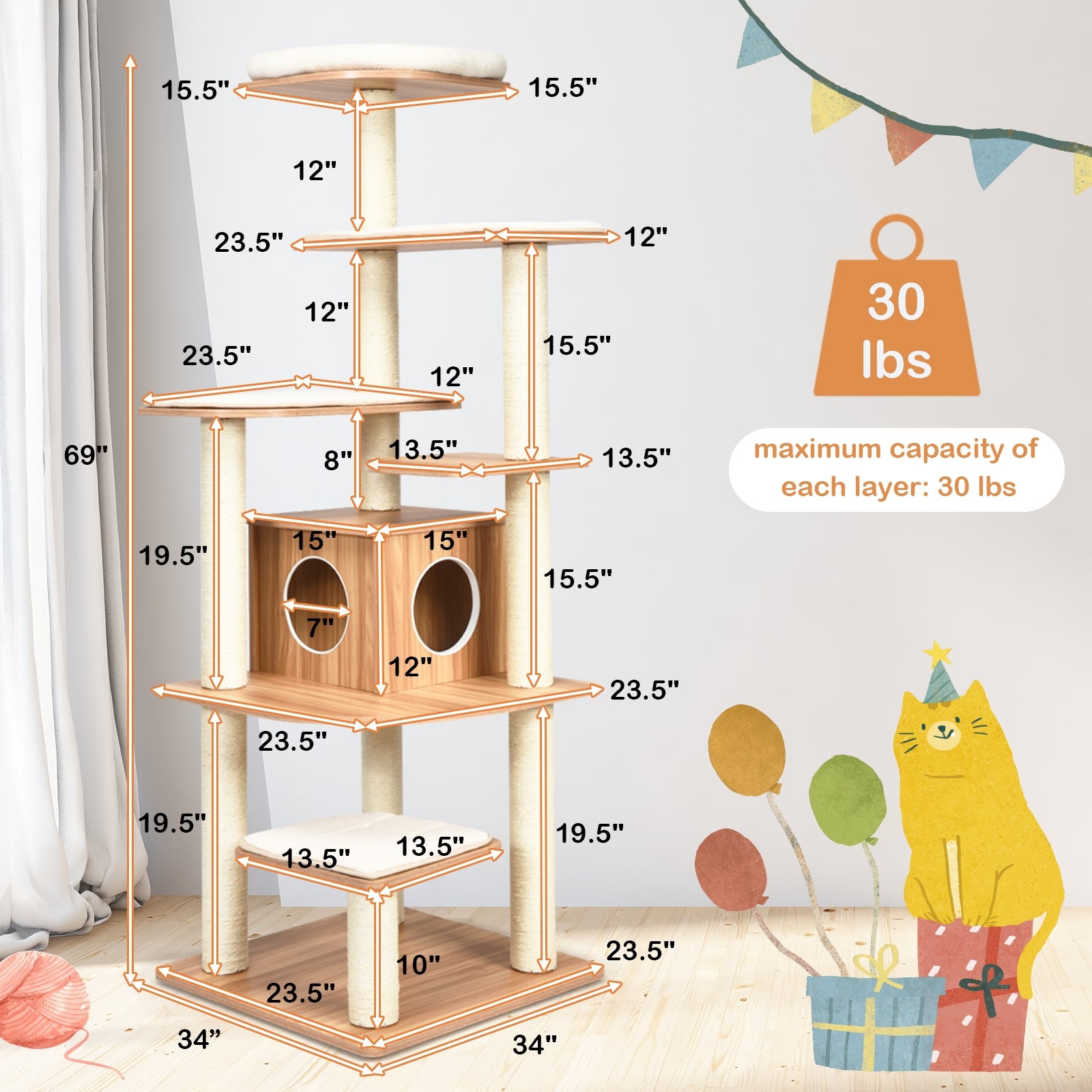 7-Layer Wooden Cat Tree Tall Cat Tower with Sisal Posts and Condo, Natural Cat Trees Condos & Scratchers at Gallery Canada