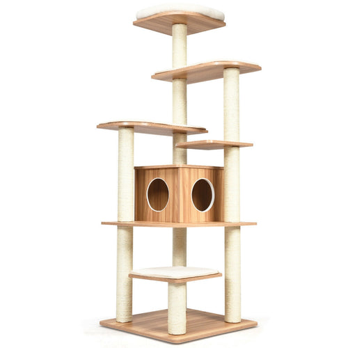 7-Layer Wooden Cat Tree, Tall Cat Tower, Sisal Posts, Condo, Natural
