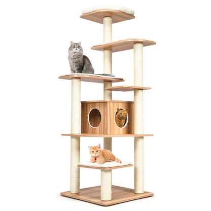 7-Layer Wooden Cat Tree Tall Cat Tower with Sisal Posts and Condo, Natural Cat Trees Condos & Scratchers at Gallery Canada