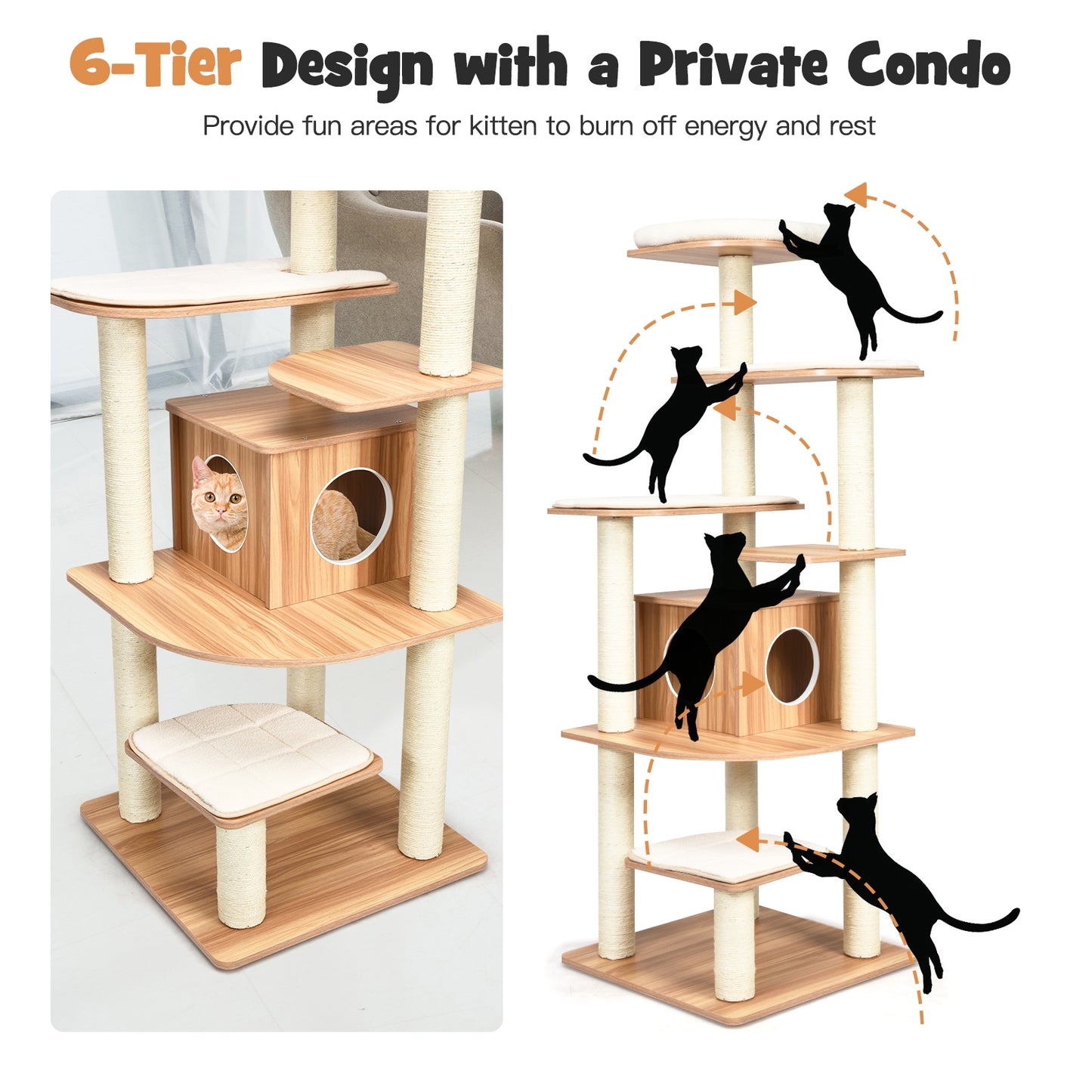 7-Layer Wooden Cat Tree Tall Cat Tower with Sisal Posts and Condo, Natural Cat Trees Condos & Scratchers at Gallery Canada