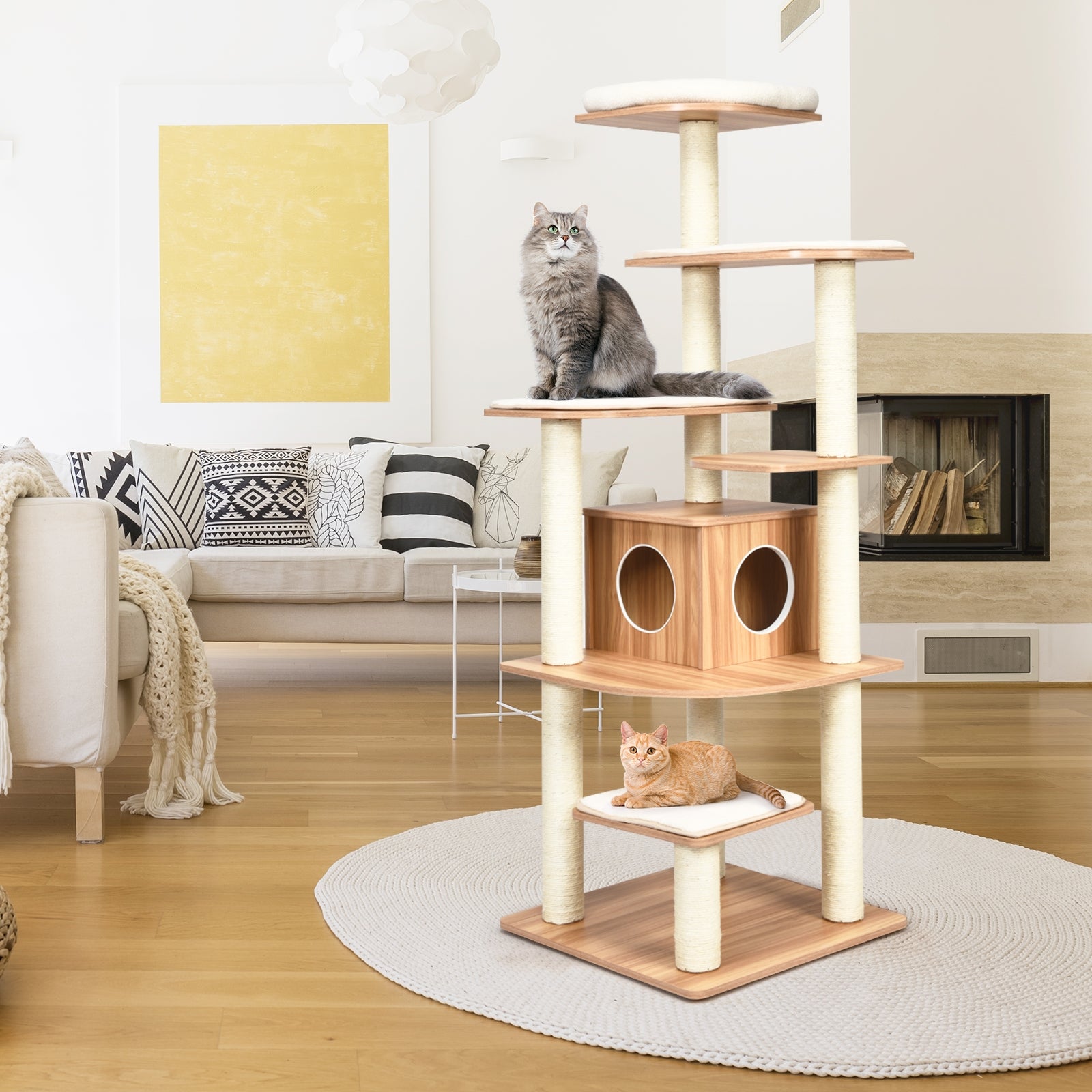 7-Layer Wooden Cat Tree Tall Cat Tower with Sisal Posts and Condo, Natural Cat Trees Condos & Scratchers at Gallery Canada