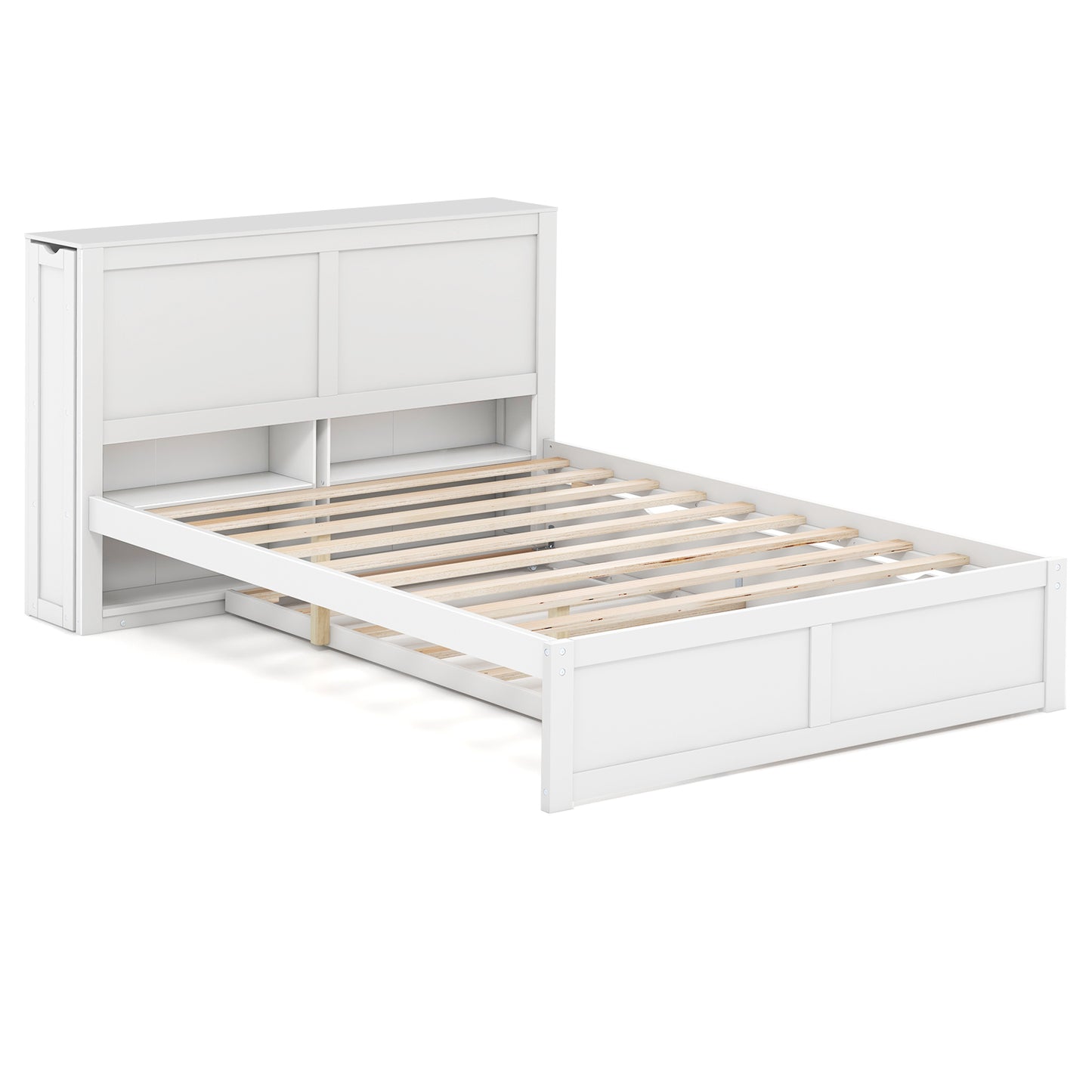 Kids Wooden Platform Bed With Trundle Storage Headboard, Full Size, White Simple Bed Frame at Gallery Canada