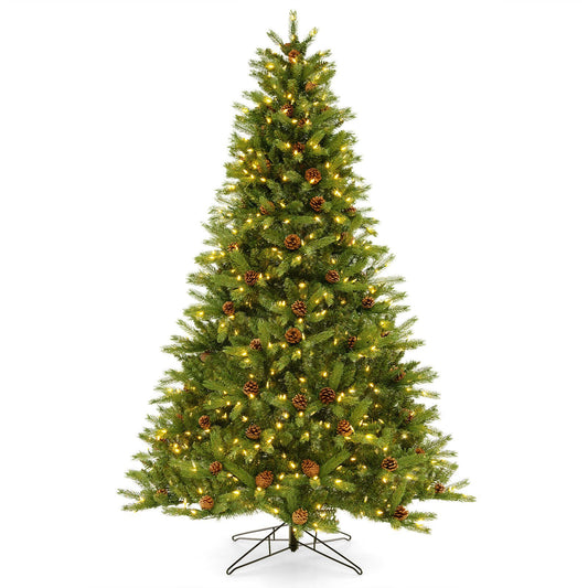 6/7 FT Artificial Christmas Tree with Pine Cones and Adjustable Brightness-7 ft, Green - Gallery Canada