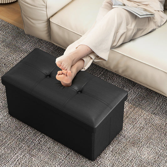 Upholstered Rectangle Footstool with PVC Leather Surface and Storage Function, Black - Gallery Canada