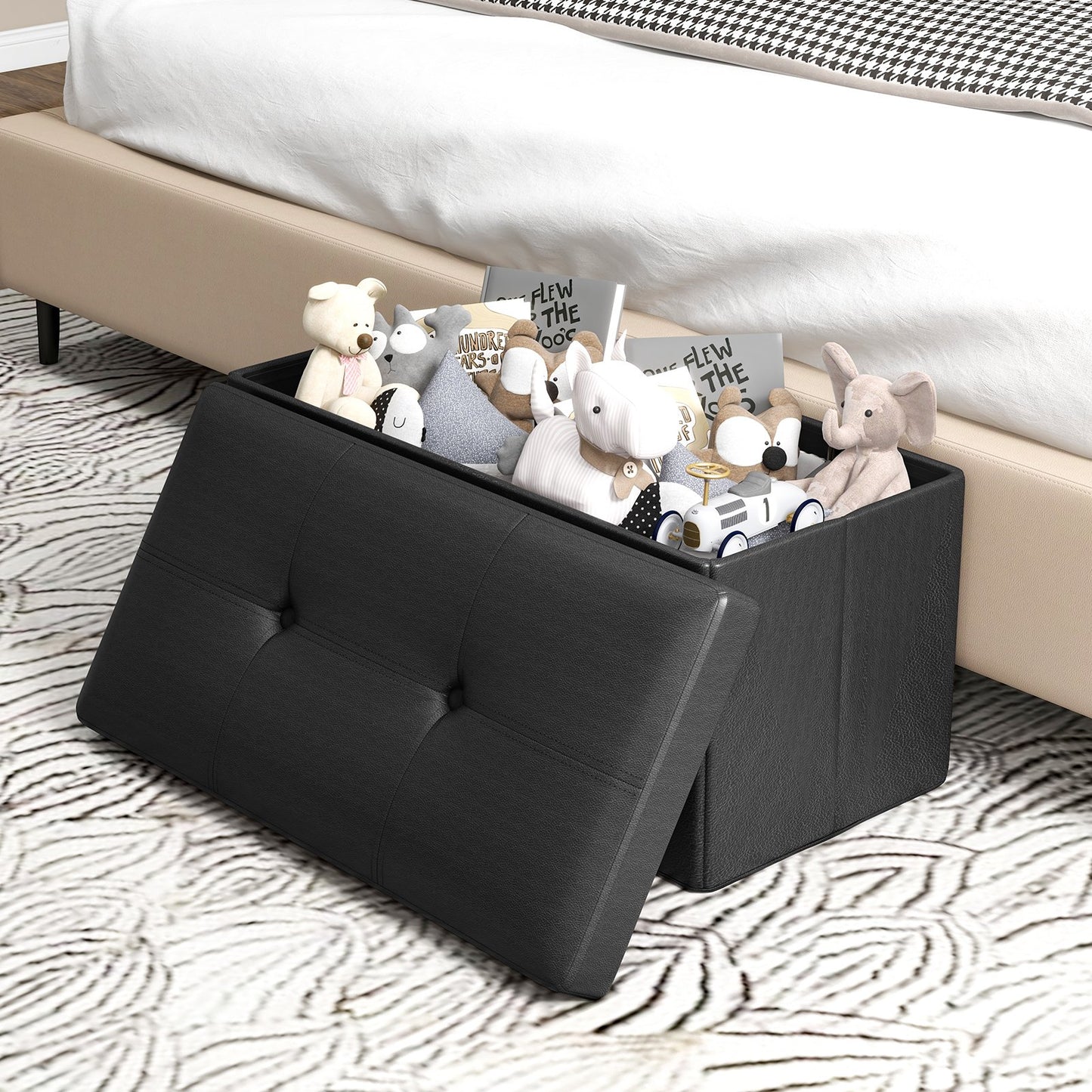 Upholstered Rectangle Footstool with PVC Leather Surface and Storage Function, Black