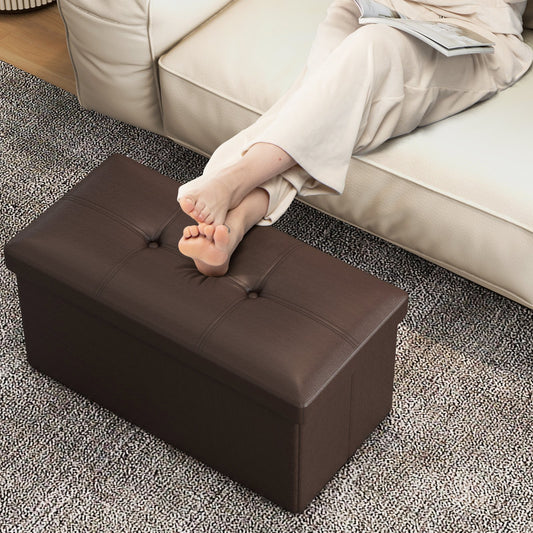 Upholstered Rectangle Footstool with PVC Leather Surface and Storage Function, Brown - Gallery Canada