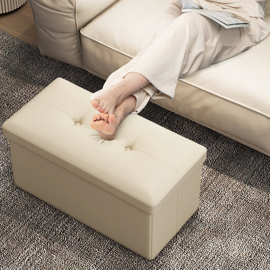 Upholstered Rectangle Footstool with PVC Leather Surface and Storage Function, White - Gallery Canada