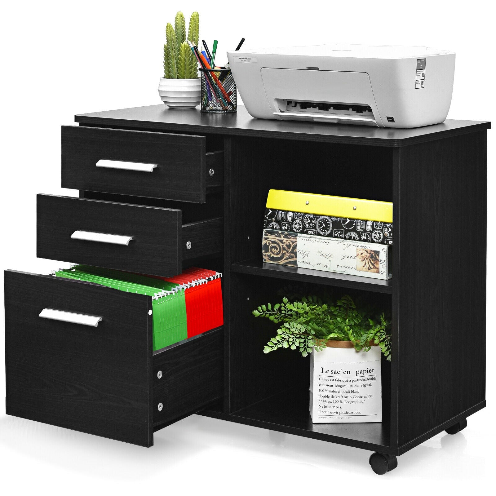 3-Drawer Mobile Lateral File Cabinet Printer Stand, Black File Cabinets at Gallery Canada