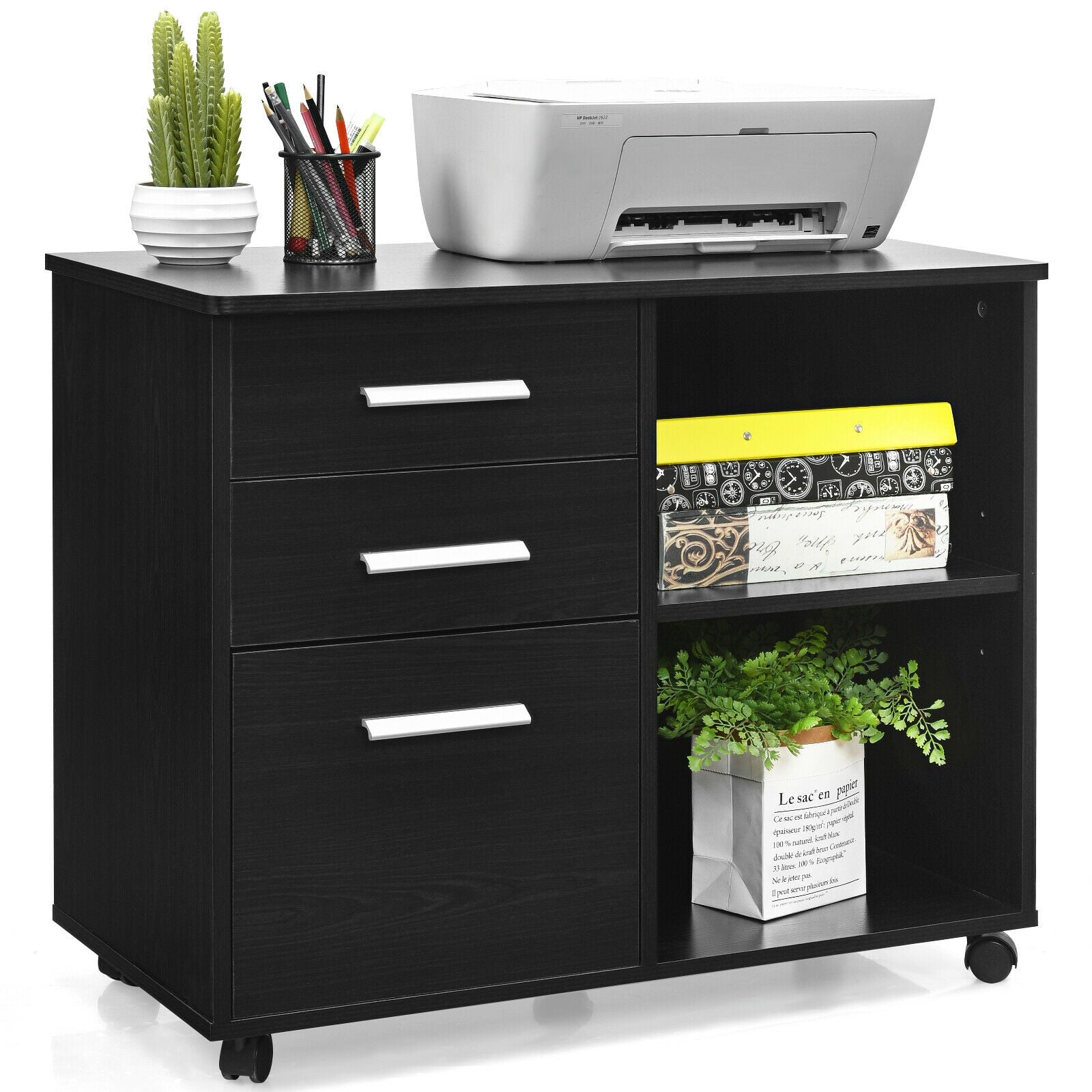3-Drawer Mobile Lateral File Cabinet Printer Stand, Black File Cabinets at Gallery Canada
