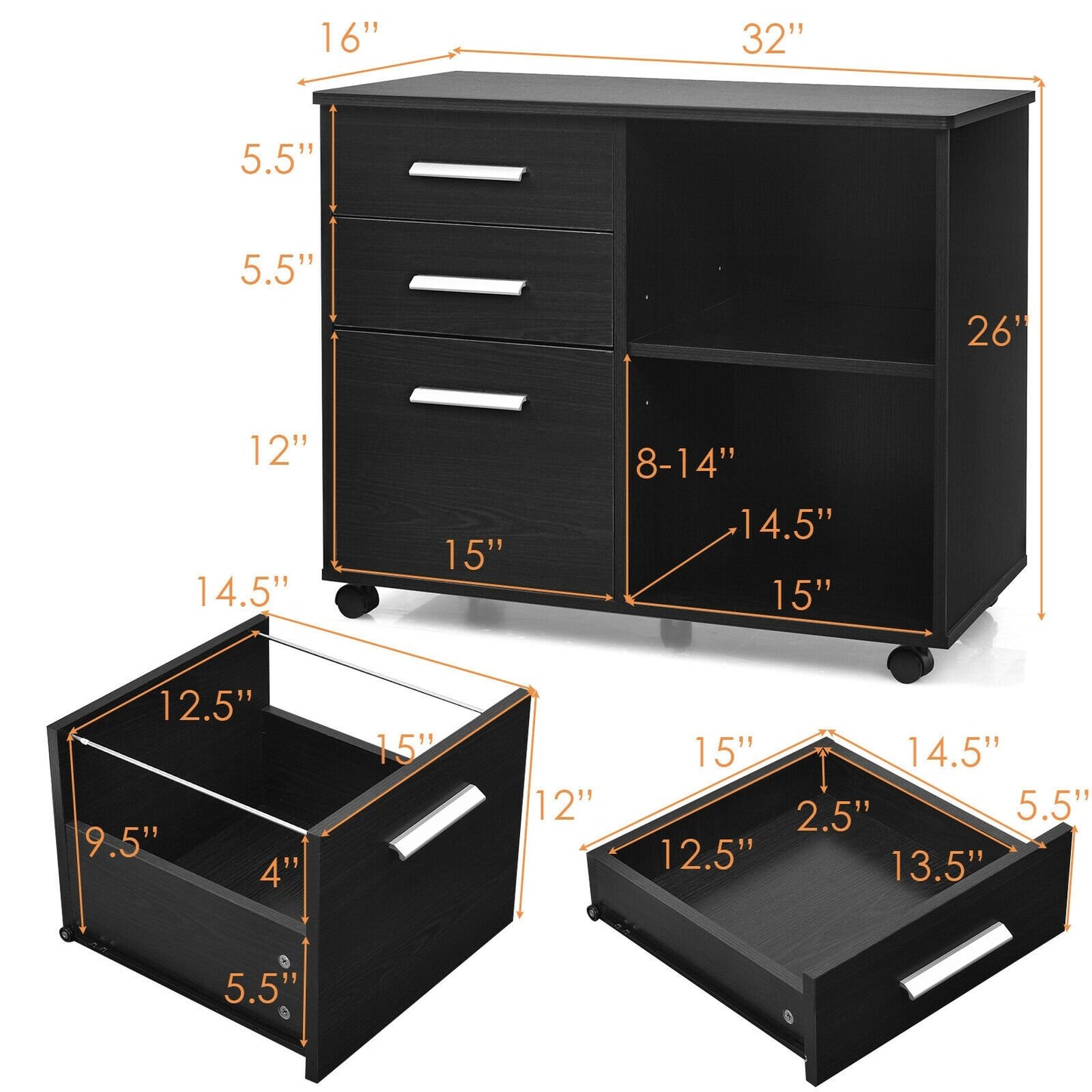 3-Drawer Mobile Lateral File Cabinet Printer Stand, Black - Gallery Canada