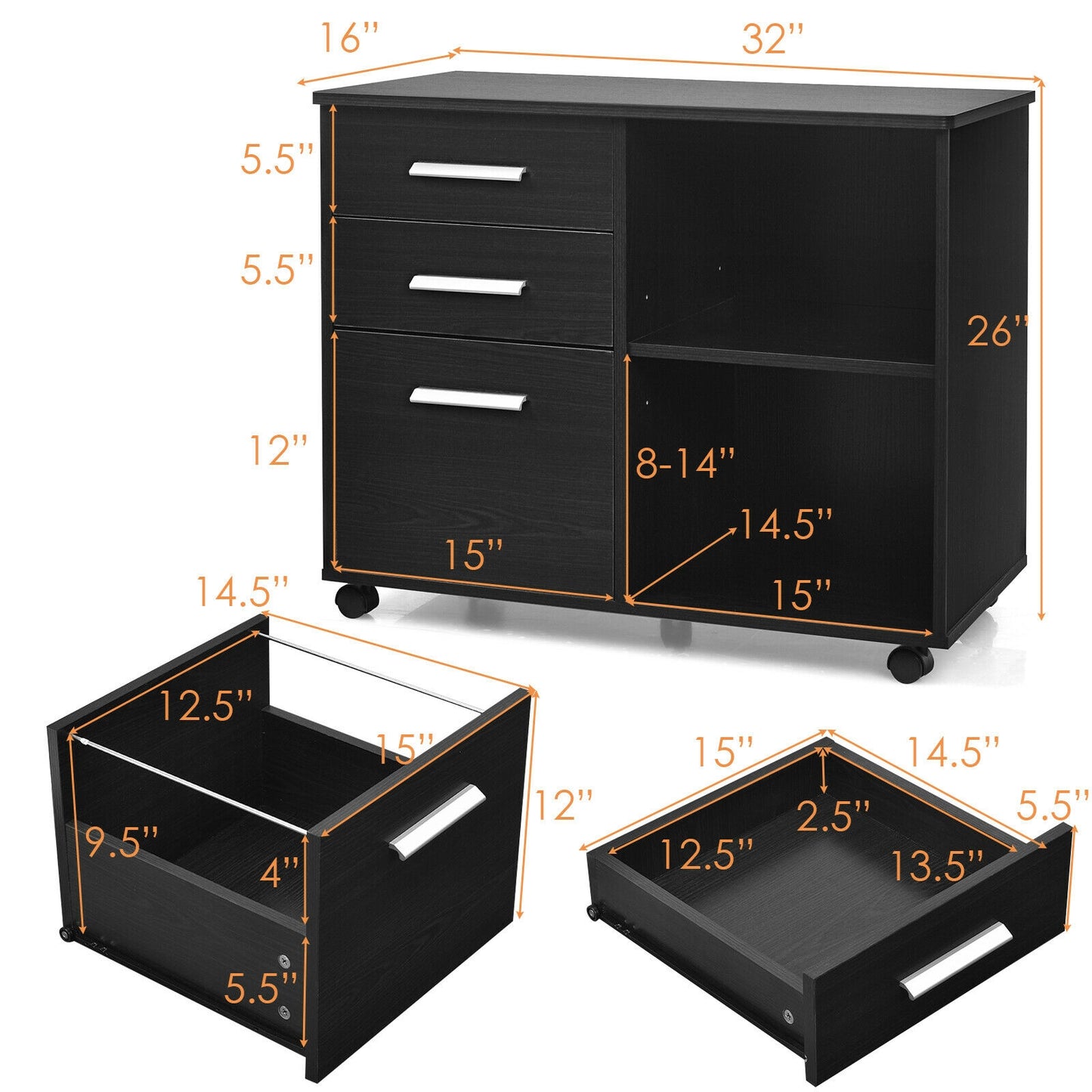 3-Drawer Mobile Lateral File Cabinet Printer Stand, Black File Cabinets at Gallery Canada