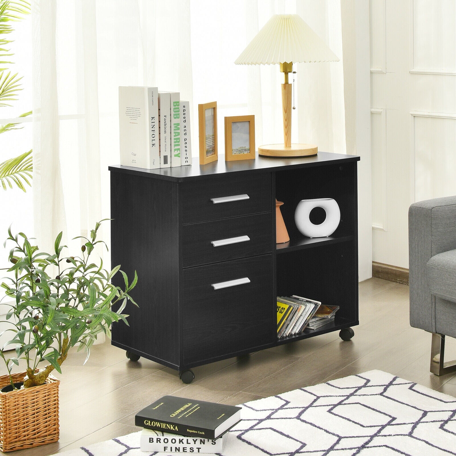 3-Drawer Mobile Lateral File Cabinet Printer Stand, Black File Cabinets at Gallery Canada