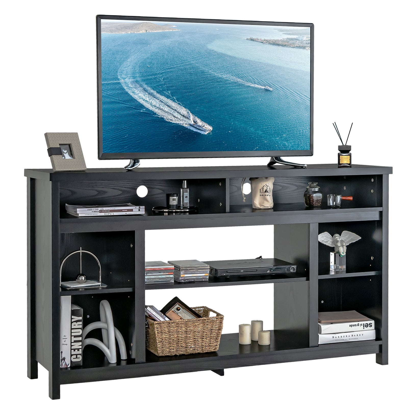 58 Inch TV Stand Entertainment Console Center with Adjustable Open Shelves, Black Entertainment Centers & TV Stands Black at Gallery Canada