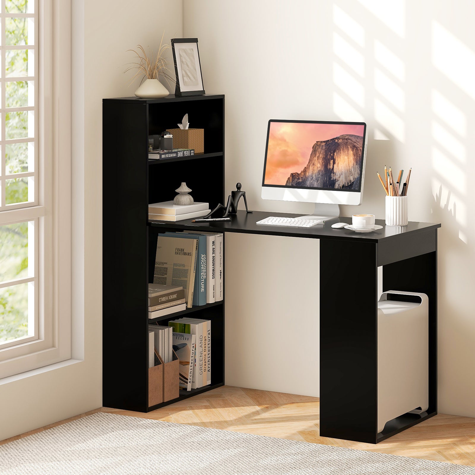 Computer Desk Writing Workstation Office with 6-Tier Storage Shelves, Black Computer Desks at Gallery Canada