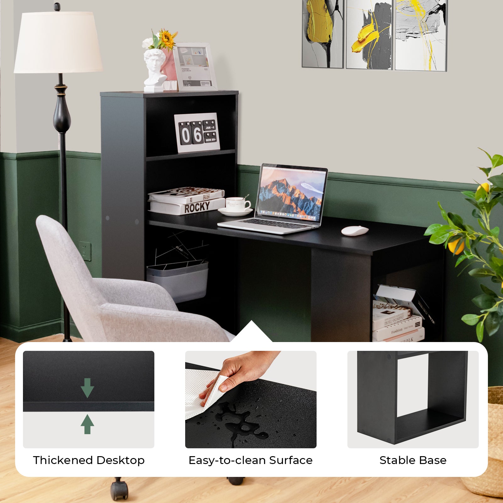 Computer Desk Writing Workstation Office with 6-Tier Storage Shelves, Black Computer Desks at Gallery Canada