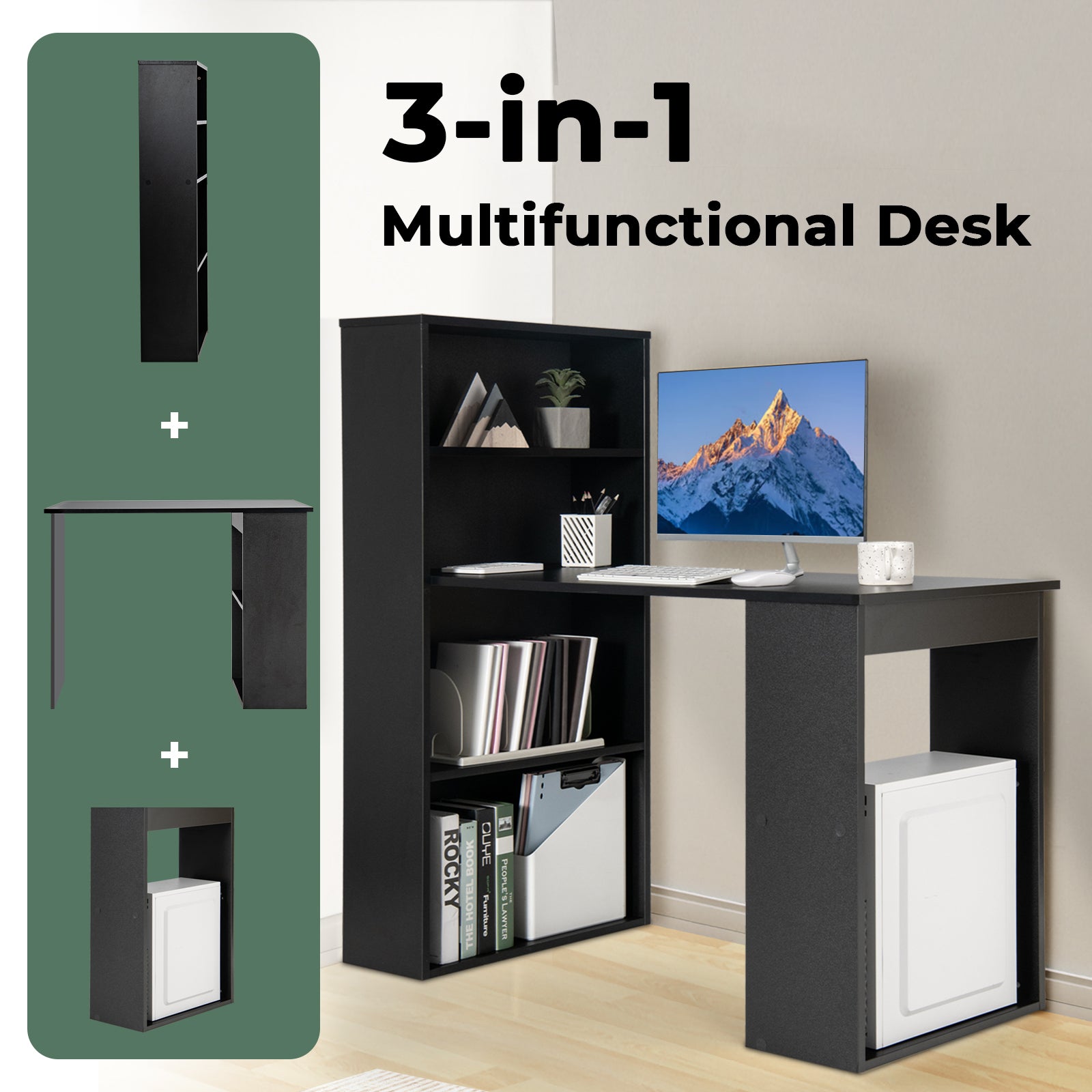 Computer Desk Writing Workstation Office with 6-Tier Storage Shelves, Black Computer Desks at Gallery Canada