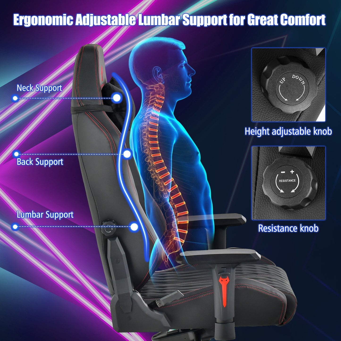 Adjustable Gaming Chair with Gas Lift 4D Armrest and Lumbar Support, Black at Gallery Canada