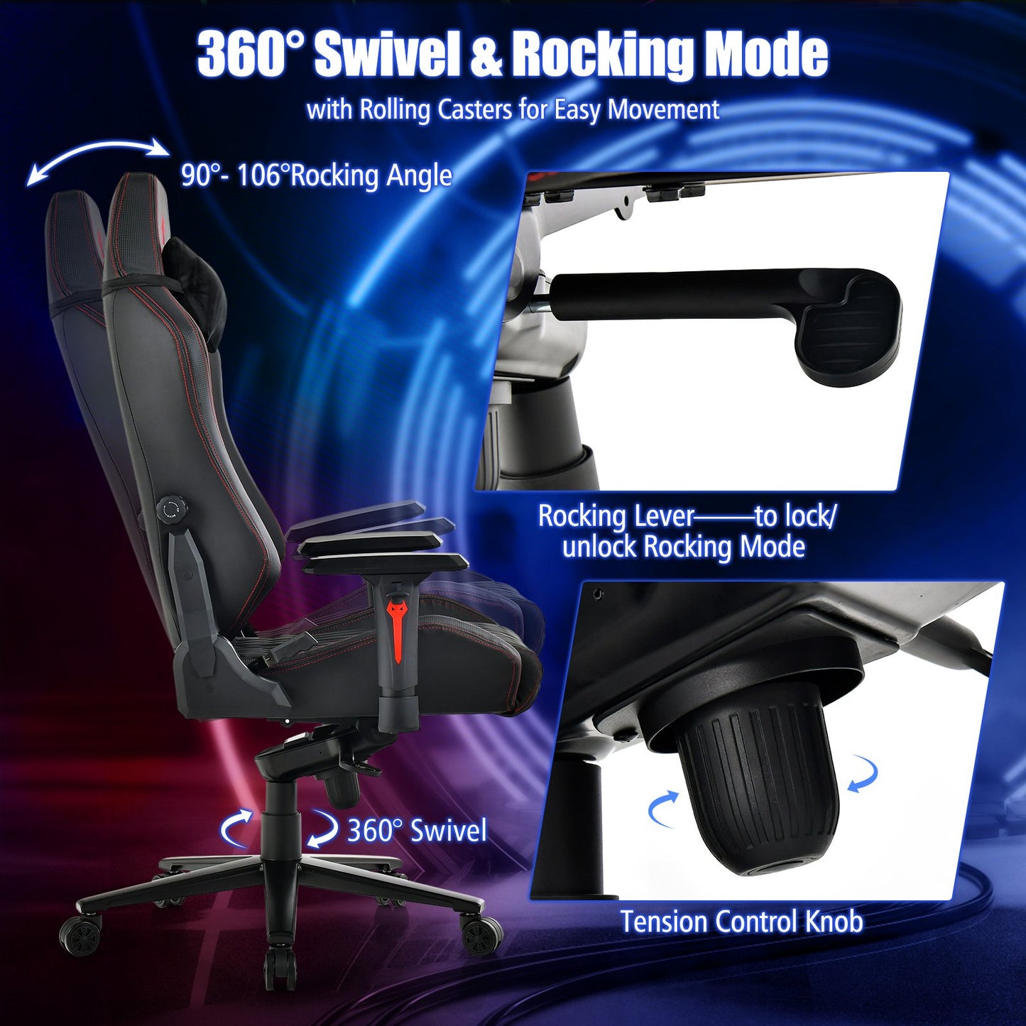 Adjustable Gaming Chair with Gas Lift 4D Armrest and Lumbar Support, Black at Gallery Canada