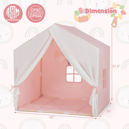 Kid's Play Tent with Washable Cotton Mat and Flag Banner, Pink