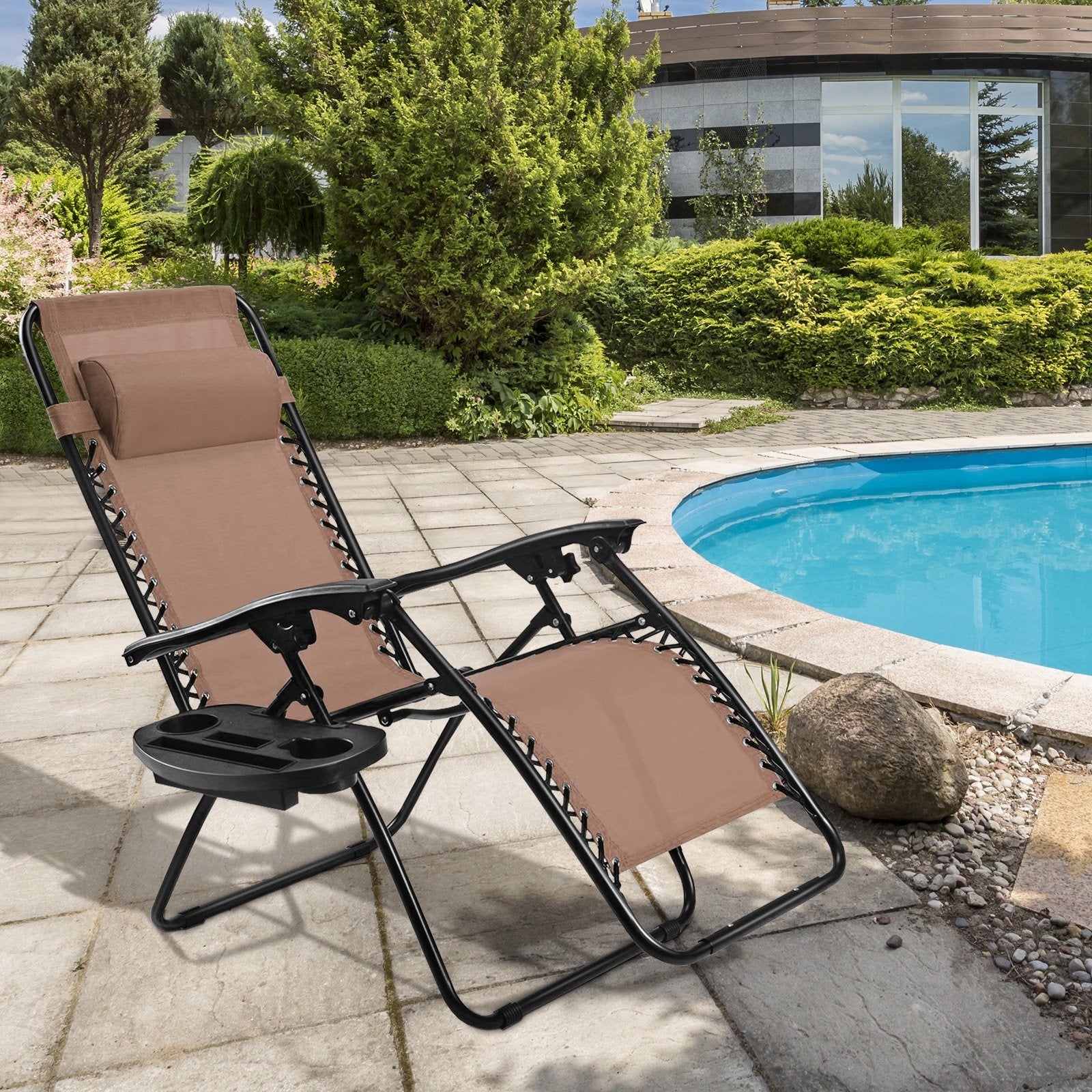 Outdoor Folding Zero Gravity Reclining Lounge Chair with Utility Tray, Brown - Gallery Canada