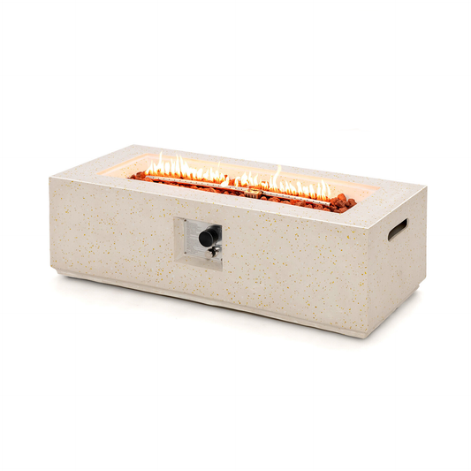 42 Inch 50 000 BTU Rectangle Terrazzo Fire Pit Table with PVC Cover, White