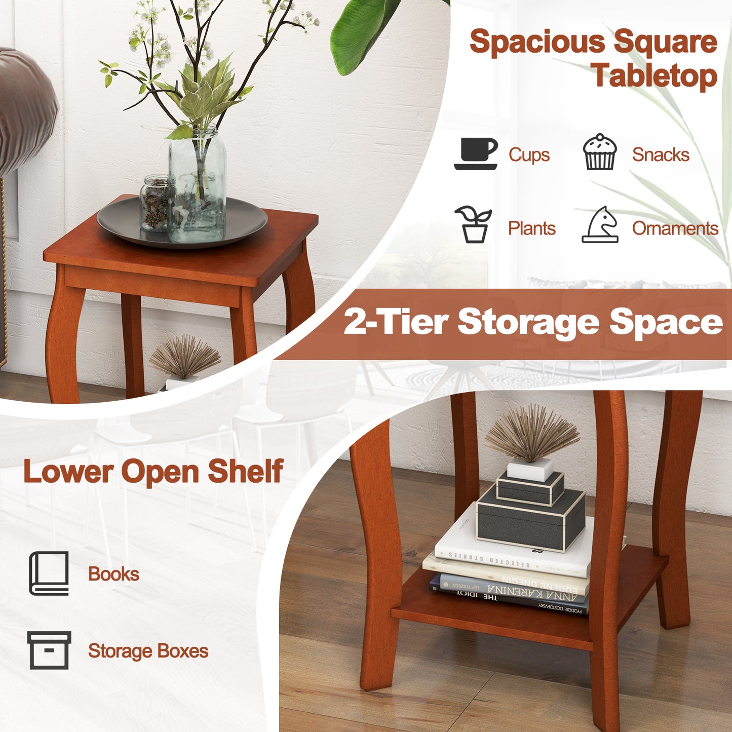 15 Inch 2-Tier Square End Table, Walnut