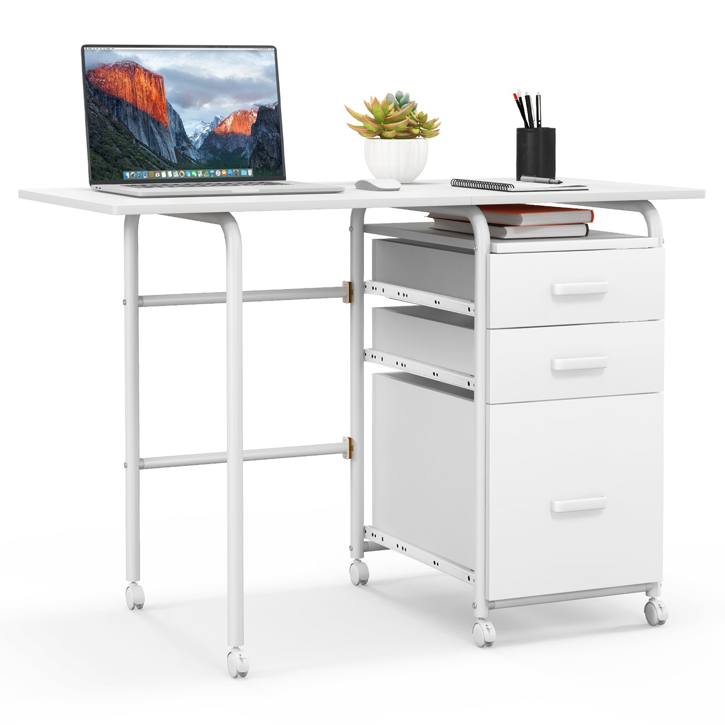 Folding Computer Desk With Wheels, 3 Drawers, White Writing Desks at Gallery Canada