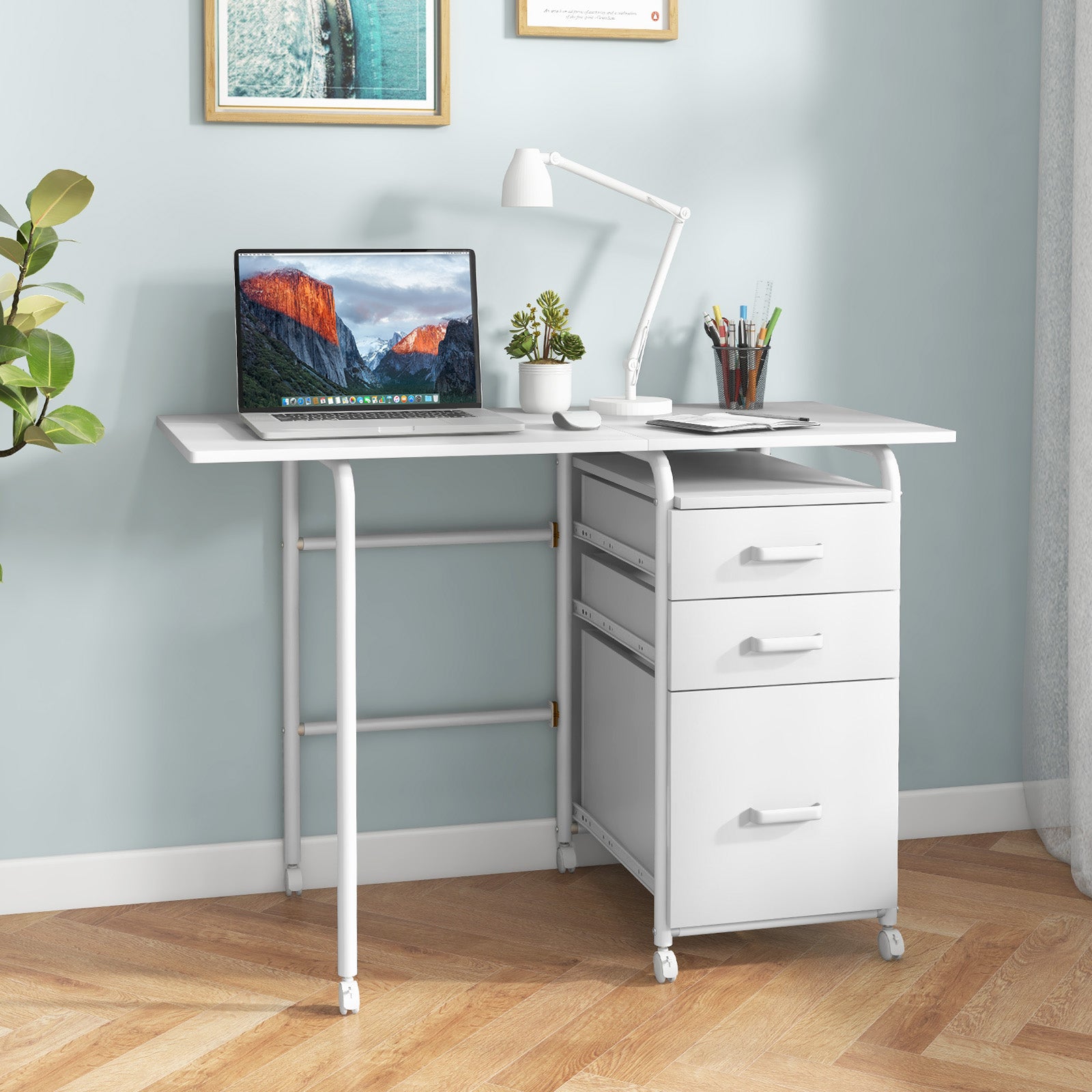 Folding Computer Desk With Wheels, 3 Drawers, White Writing Desks at Gallery Canada