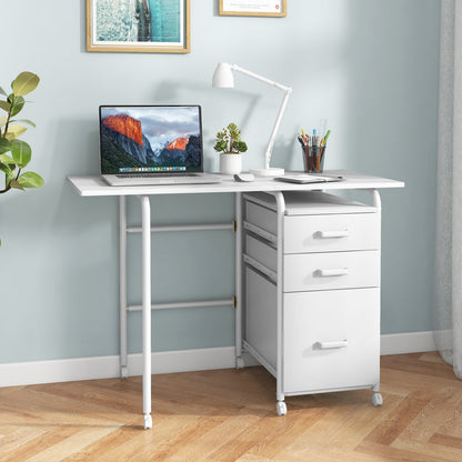 Folding Computer Desk With Wheels, 3 Drawers, White Writing Desks at Gallery Canada