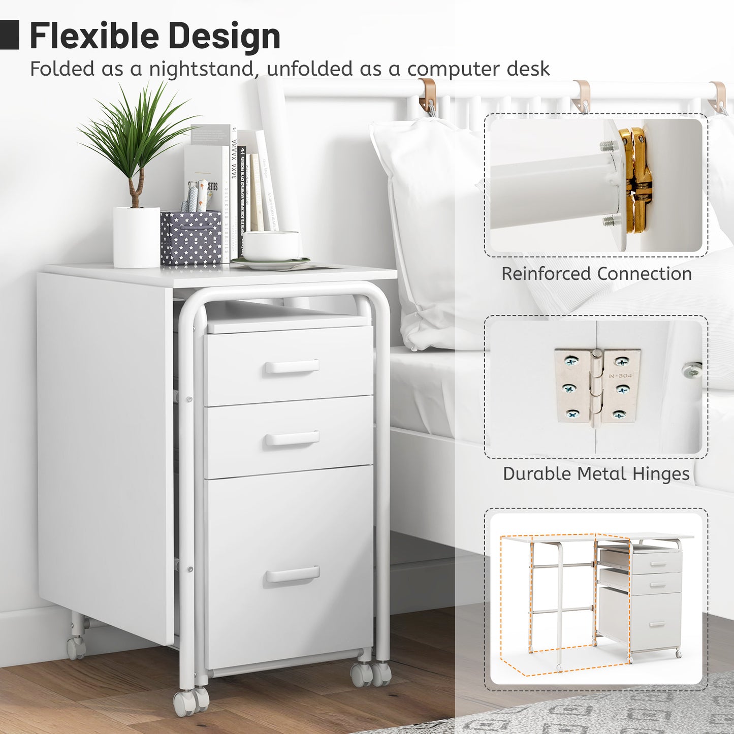 Folding Computer Desk With Wheels, 3 Drawers, White Writing Desks at Gallery Canada