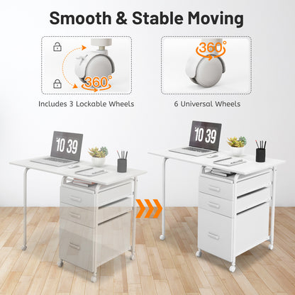 Folding Computer Desk With Wheels, 3 Drawers, White Writing Desks at Gallery Canada
