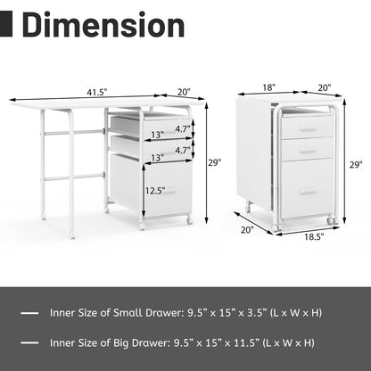 Folding Computer Desk With Wheels, 3 Drawers, White Writing Desks at Gallery Canada