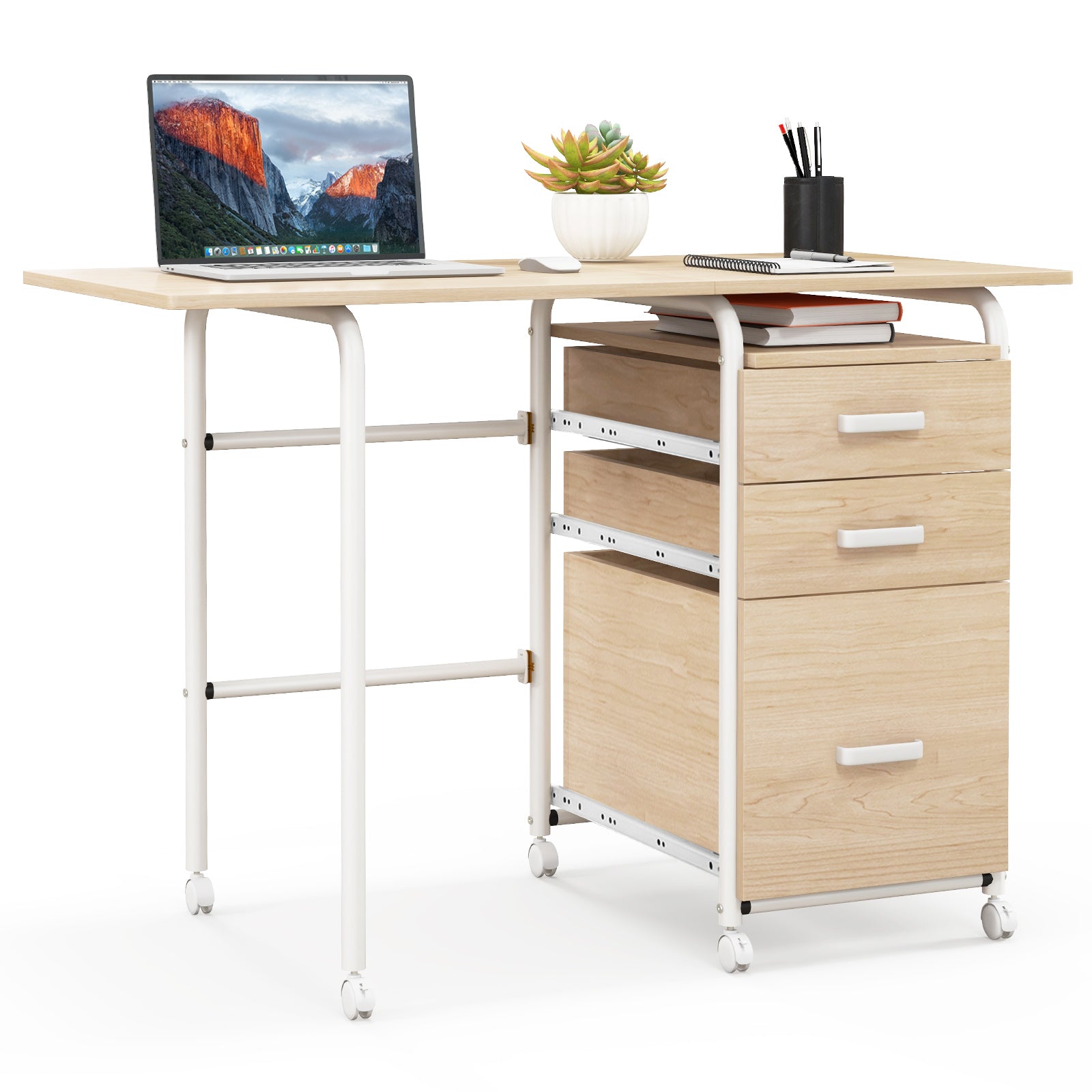 Folding Computer Laptop Desk, Wheeled Home Office Furniture, Natural Writing Desks at Gallery Canada
