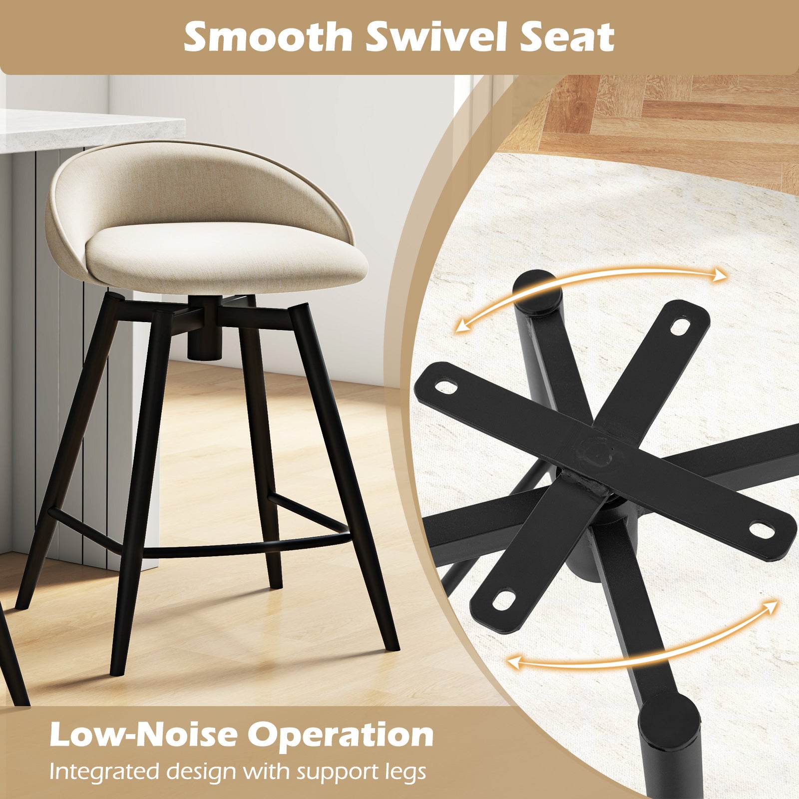 Upholstered Bar Stools Set of 2 with Footrest and Backrest, Beige Bar Stools at Gallery Canada