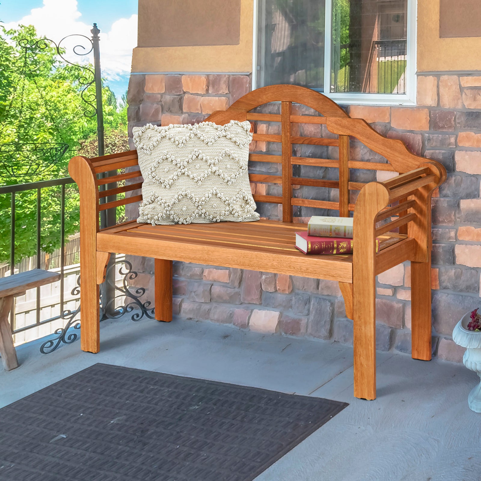 49 Inch Eucalyptus Wood Outdoor Folding Bench with Backrest Armrest for Patio Garden, Natural Outdoor Benches at Gallery Canada