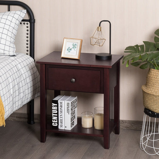 Nightstand with Drawer and Storage Shelf for Bedroom Living Room, Brown - Gallery Canada