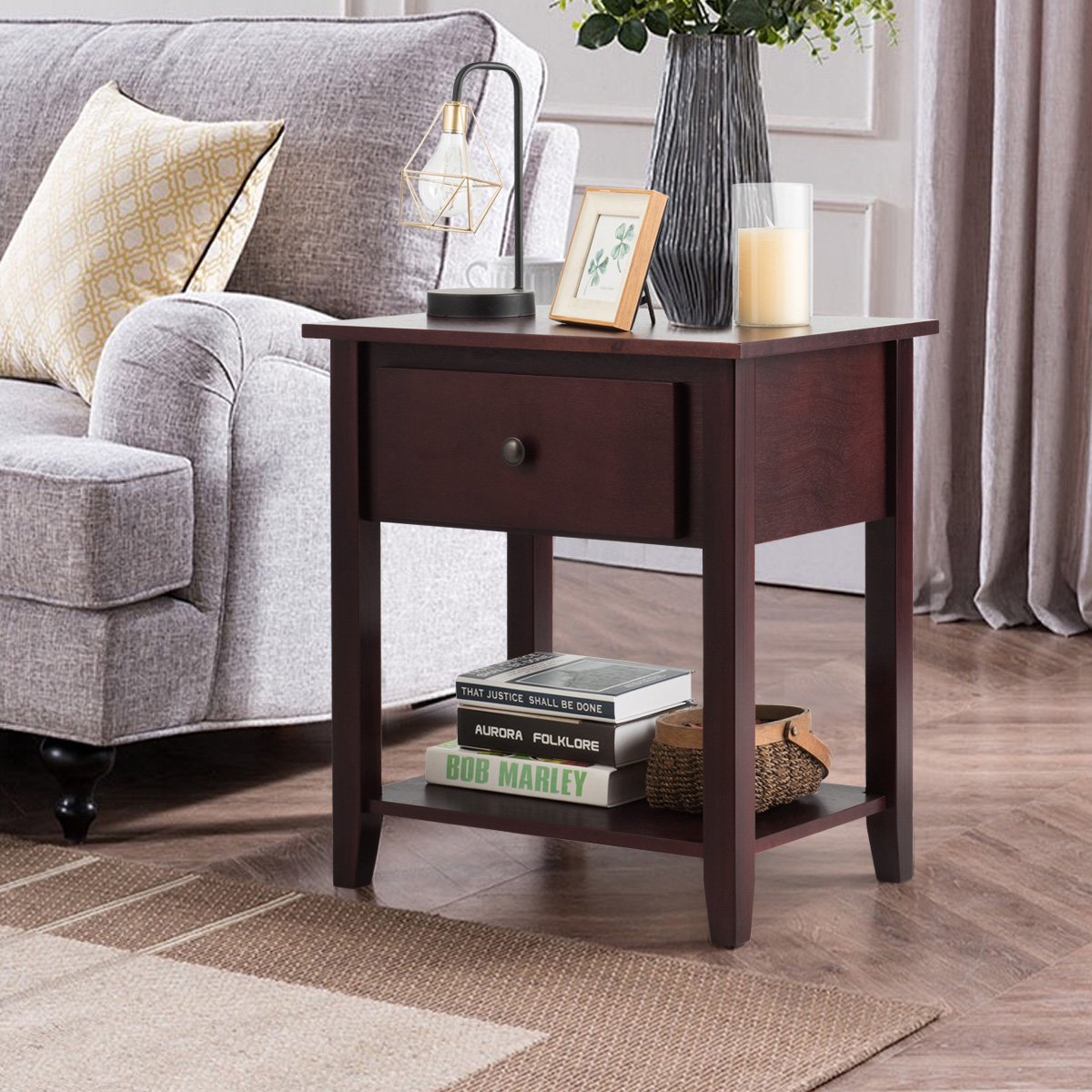 Nightstand with Drawer and Storage Shelf for Bedroom Living Room, Brown - Gallery Canada