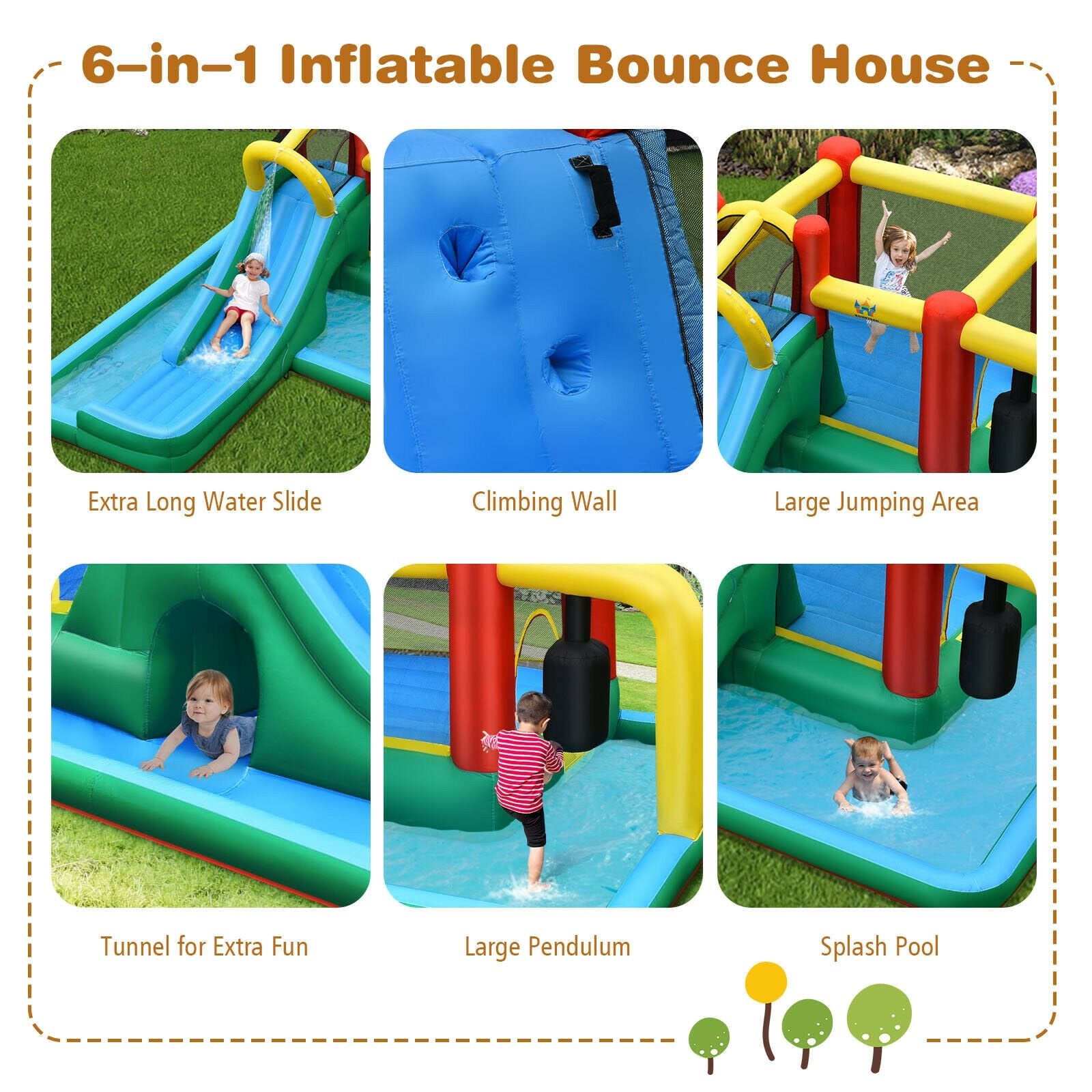 Inflatable Water Slide Climbing Bounce House with Tunnel and 735W Blower - Gallery Canada