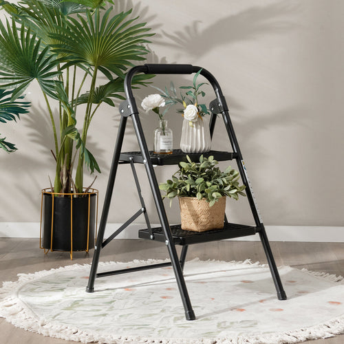 2-Step/3-Step Ladder with Wide Anti-Slip Pedal-2-Step, Black