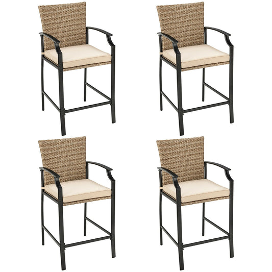 Patio Rattan Bar Stools Set of 4 with Soft Cushions, Beige at Gallery Canada