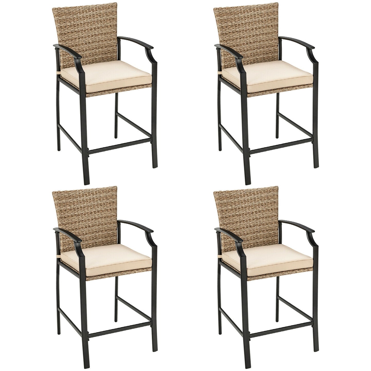 Patio Rattan Bar Stools, Set Of 4, Soft Cushions, Beige