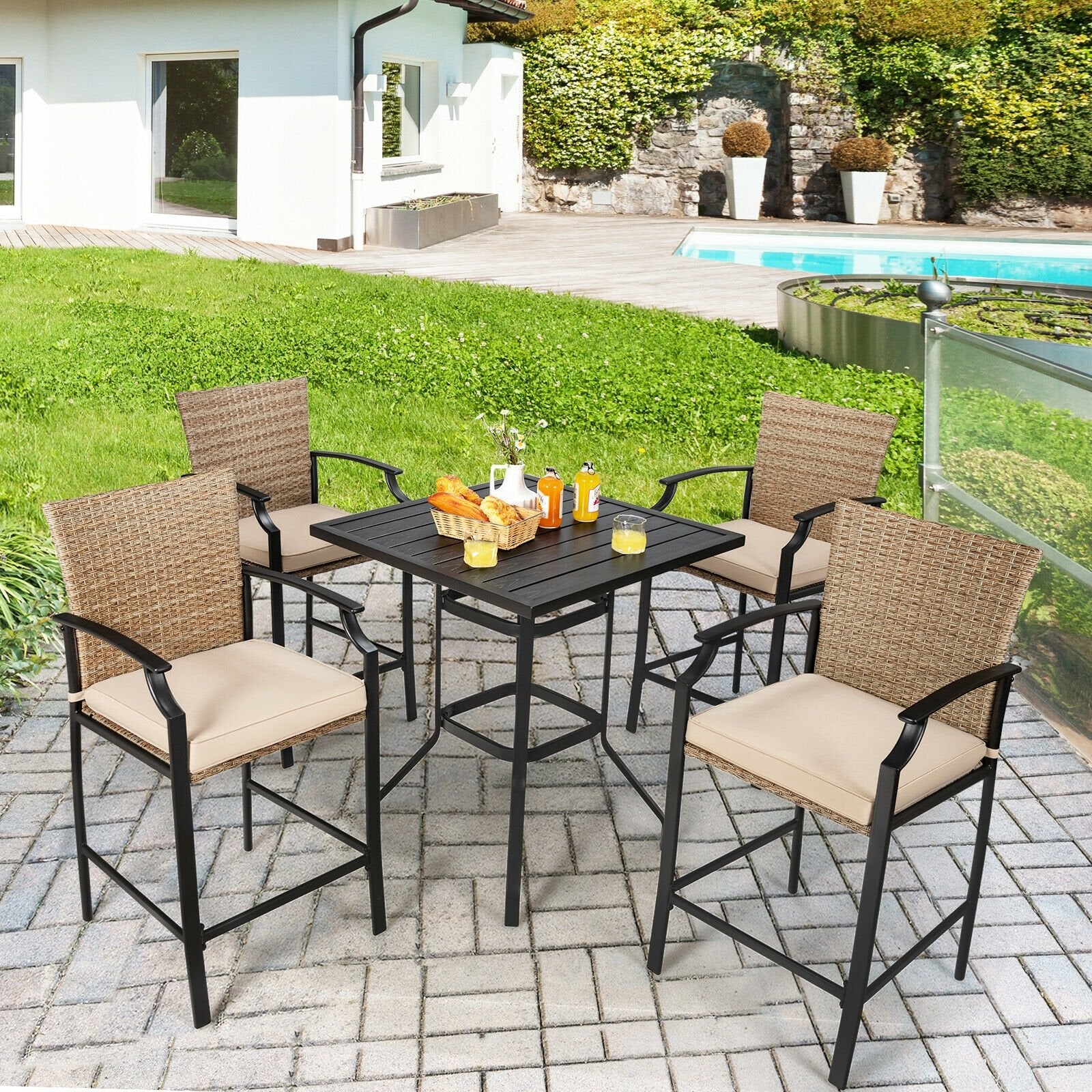 Patio Rattan Bar Stools Set of 4 with Soft Cushions, Beige - Gallery Canada