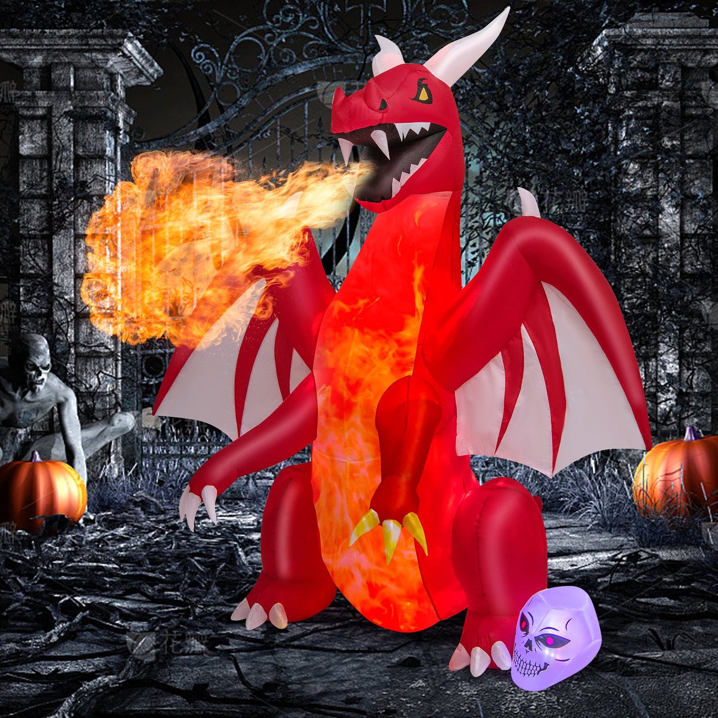 8 Feet Halloween Inflatables Blow-up Red Dragon with Wings Skull, Red