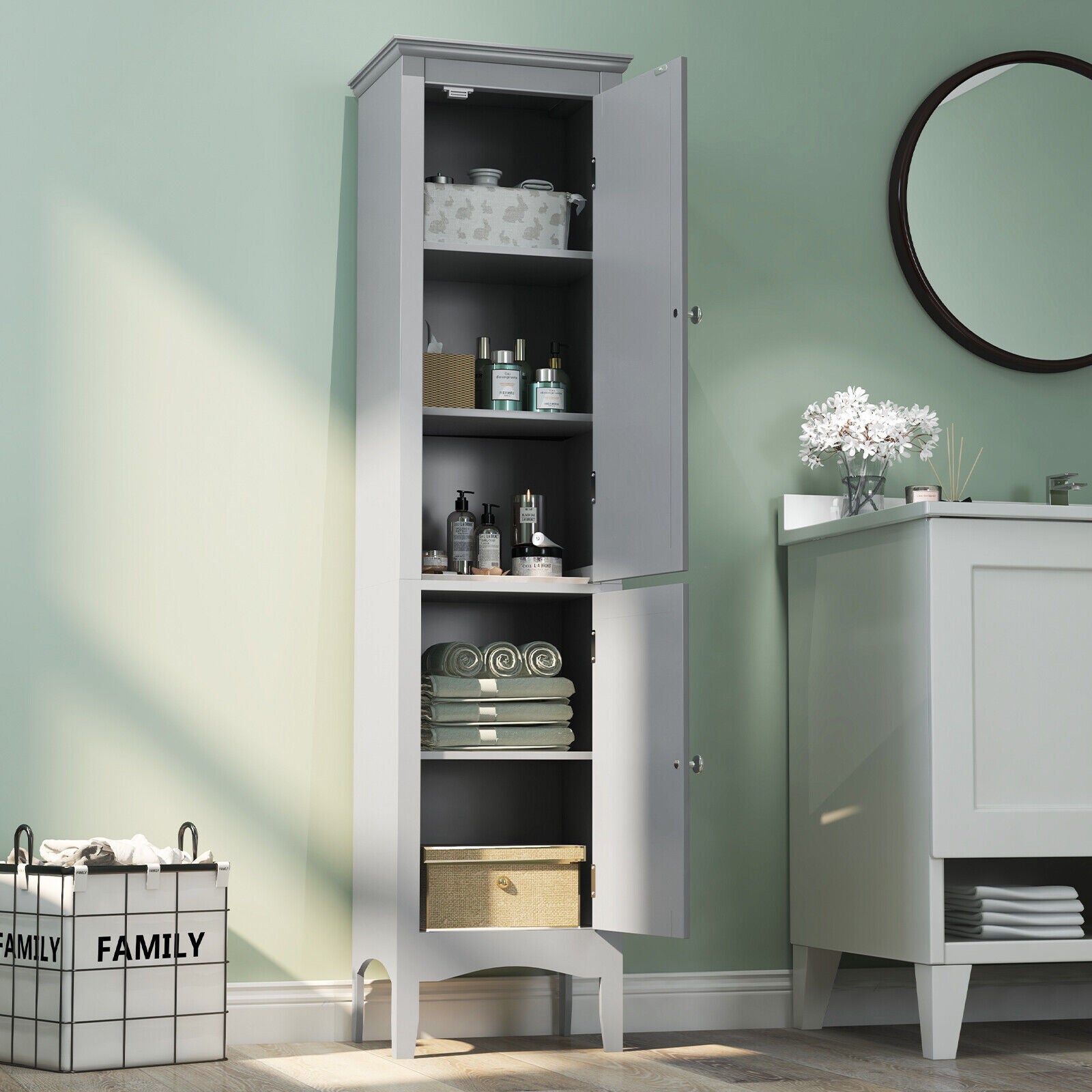 Tall Bathroom Floor Cabinet with Shutter Doors and Adjustable Shelf, Gray Floor Cabinets at Gallery Canada