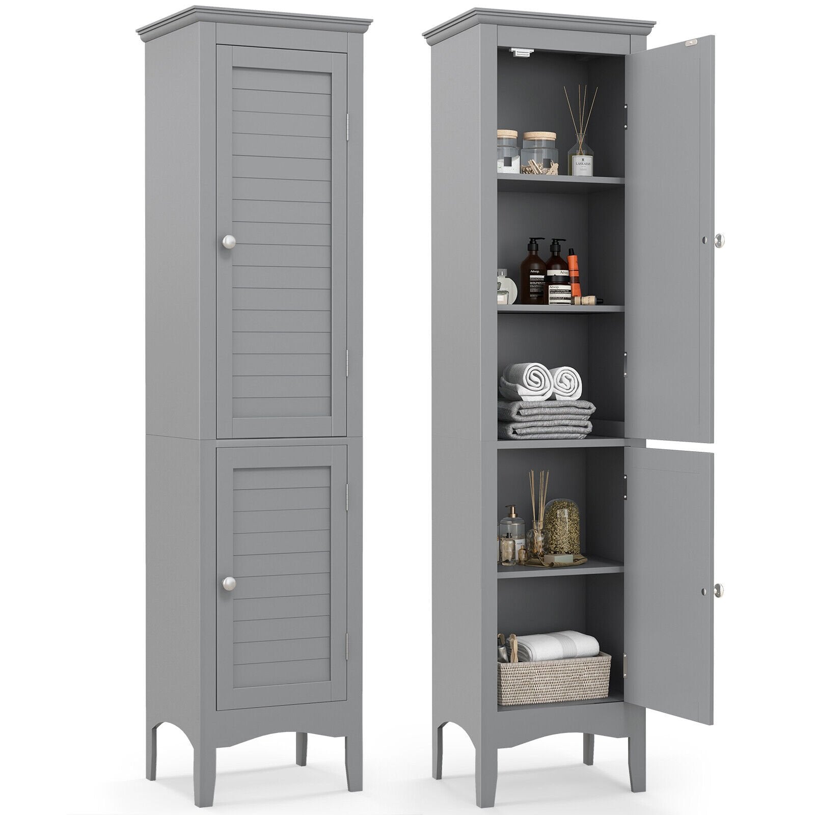 Tall Bathroom Floor Cabinet with Shutter Doors and Adjustable Shelf, Gray Floor Cabinets at Gallery Canada