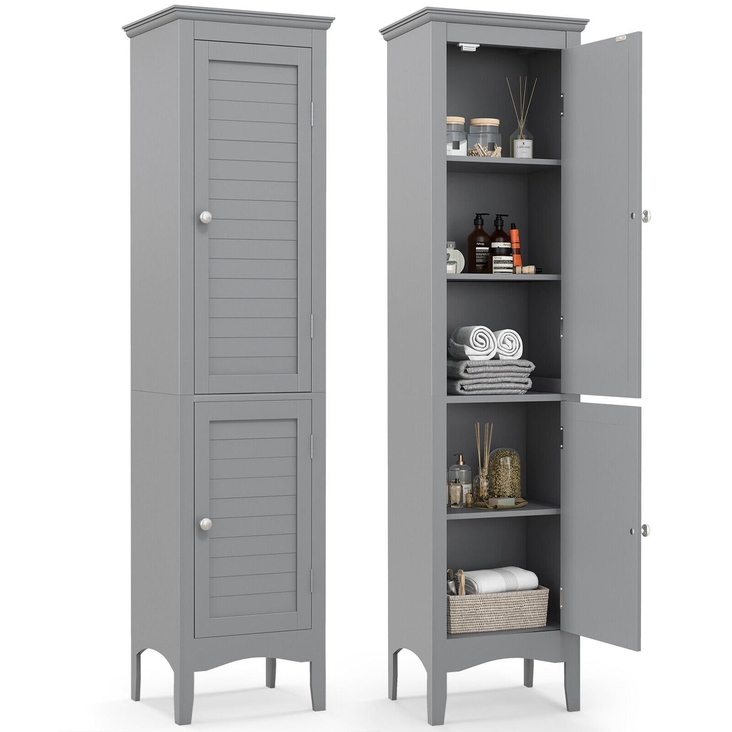 Tall Bathroom Floor Cabinet with Shutter Doors and Adjustable Shelf, Gray Floor Cabinets Gray at Gallery Canada