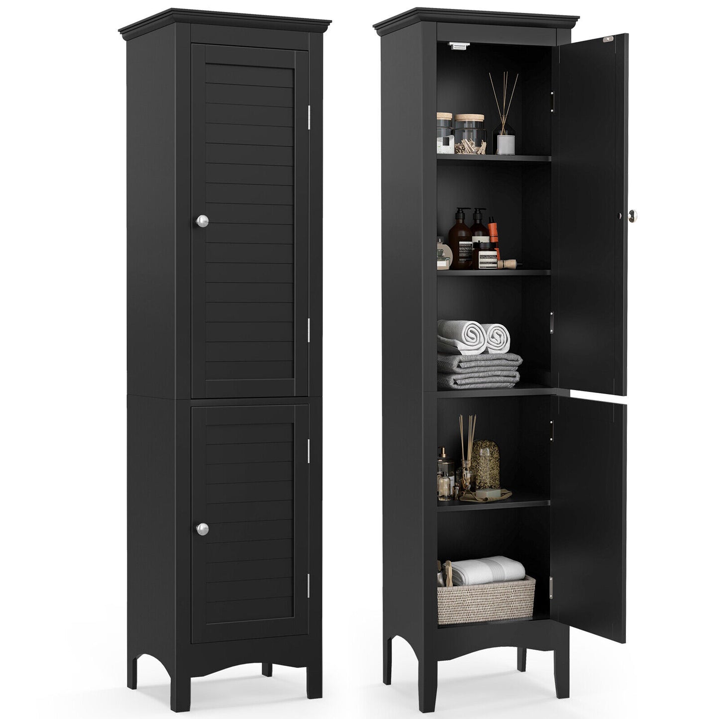 Tall Bathroom Floor Cabinet with Shutter Doors and Adjustable Shelf, Black Floor Cabinets at Gallery Canada