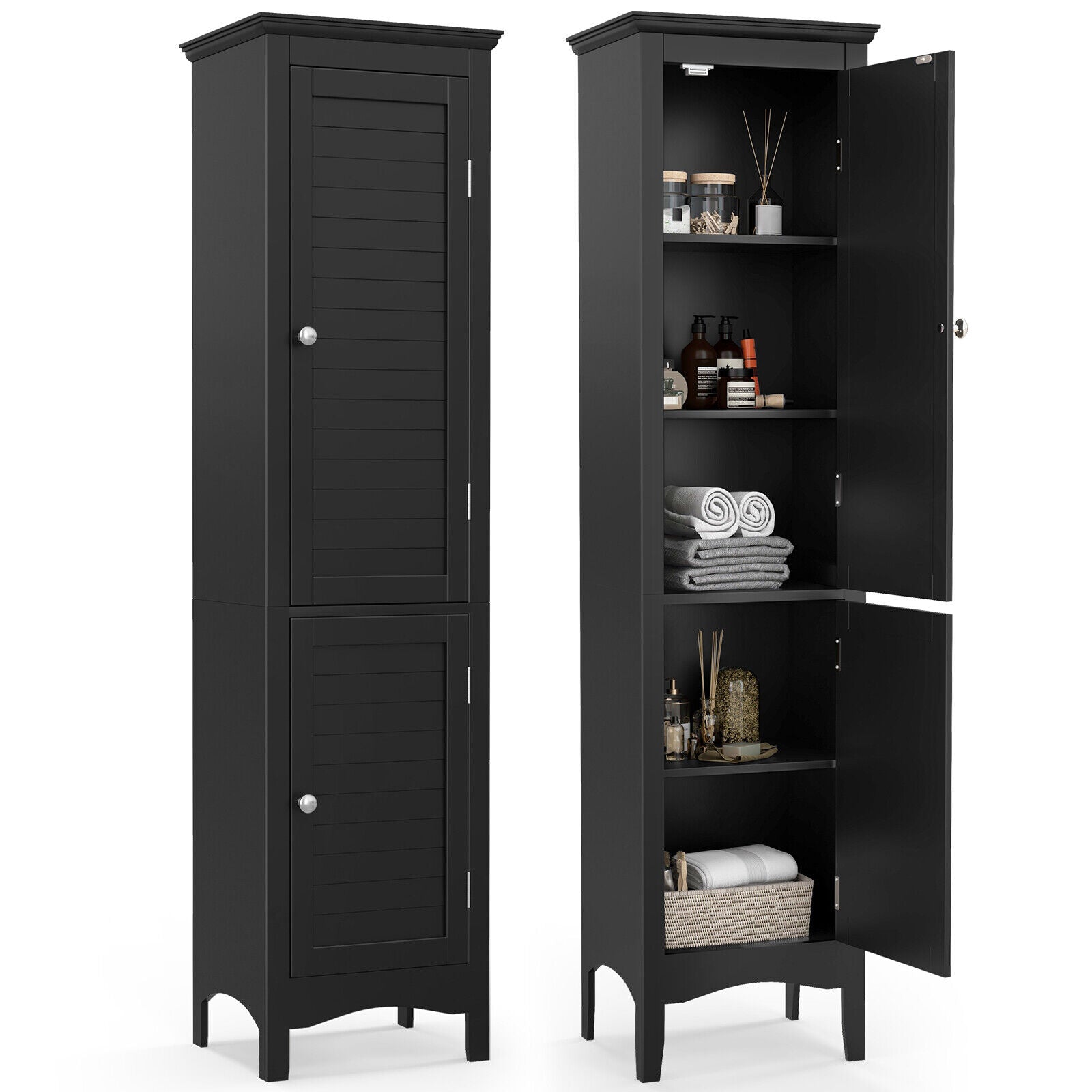 Tall Bathroom Floor Cabinet with Shutter Doors and Adjustable Shelf, Black Floor Cabinets at Gallery Canada
